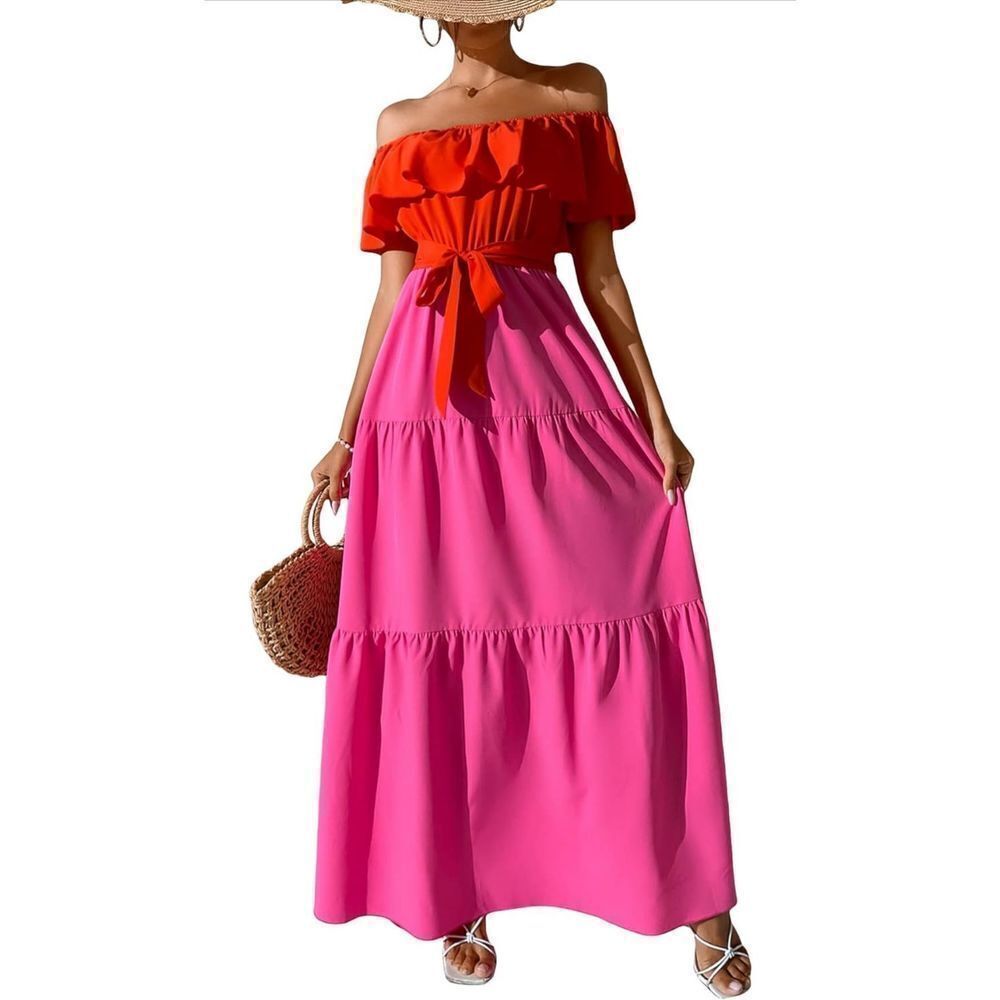 NEW Off Shoulder Ruffle Color Block Maxi Dress M NO BELT
